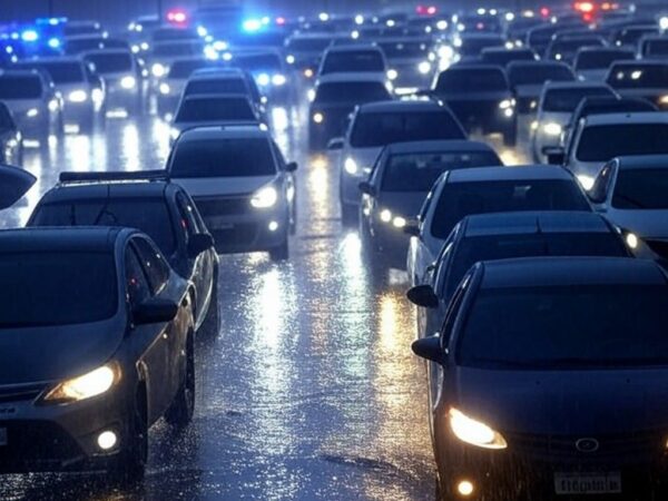 Engarrafamento no trânsito de Brasília sob chuva intensa, com acidentes causando caos viário.