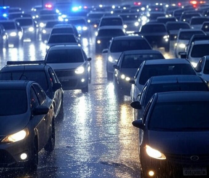 Engarrafamento no trânsito de Brasília sob chuva intensa, com acidentes causando caos viário.