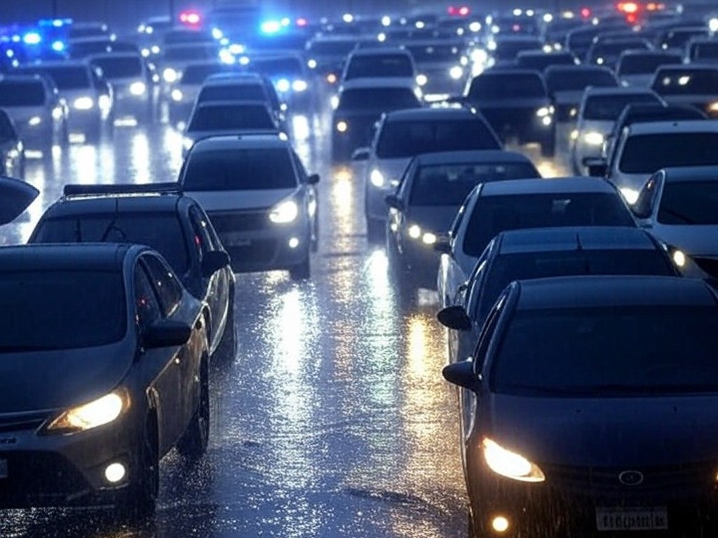 Engarrafamento no trânsito de Brasília sob chuva intensa, com acidentes causando caos viário.