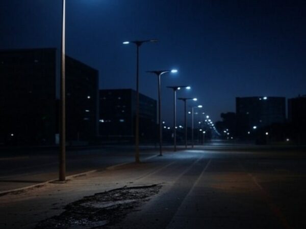 Rua mal iluminada em Brasília, ilustrando negligência em segurança pedestre no Distrito Federal.