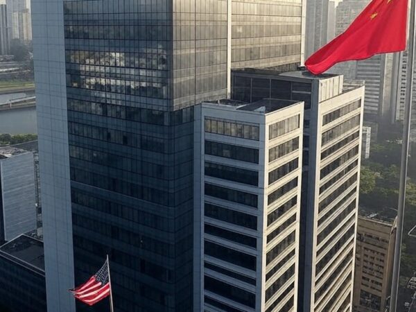 Edifício de escritórios em São Paulo com bandeiras dos EUA e China, representando acordo de joint venture do TikTok.