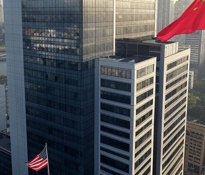 Edifício de escritórios em São Paulo com bandeiras dos EUA e China, representando acordo de joint venture do TikTok.