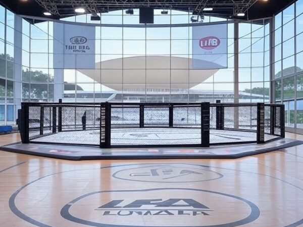 Octógono de MMA da LFA em ginásio no Distrito Federal, com arquitetura de Brasília ao fundo, representando apoio ao evento esportivo.