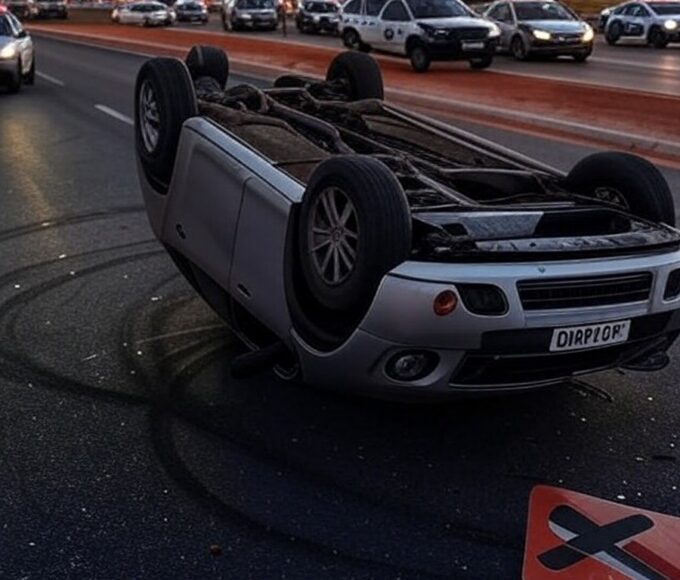 Carro capotado em rodovia no DF após acidente por embriaguez, com viaturas policiais ao redor.