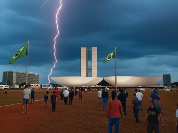 Raio atingindo área de manifestação política em Brasília, com céu tempestuoso e veículos de emergência ao fundo.