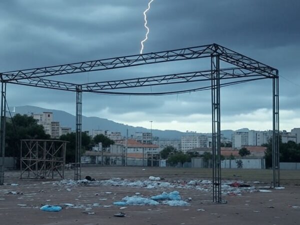 Estrutura danificada por raio perto de palco em ato político em Belo Horizonte, com céu tempestuoso e arquitetura local.
