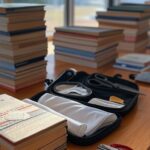 Mesa com livros de concursos públicos e kit de primeiros socorros em sala com vista para Brasília, representando lei da CLDF sobre requisitos em concursos do DF.