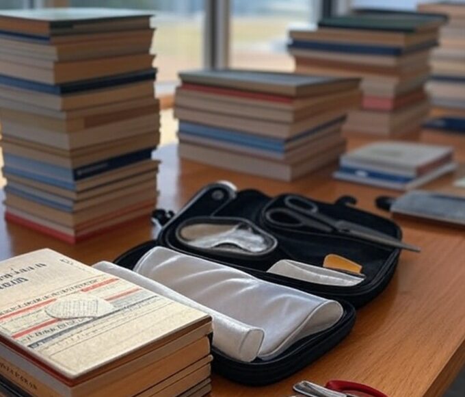 Mesa com livros de concursos públicos e kit de primeiros socorros em sala com vista para Brasília, representando lei da CLDF sobre requisitos em concursos do DF.