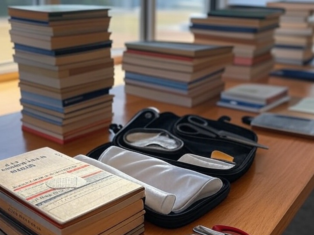 Mesa com livros de concursos públicos e kit de primeiros socorros em sala com vista para Brasília, representando lei da CLDF sobre requisitos em concursos do DF.