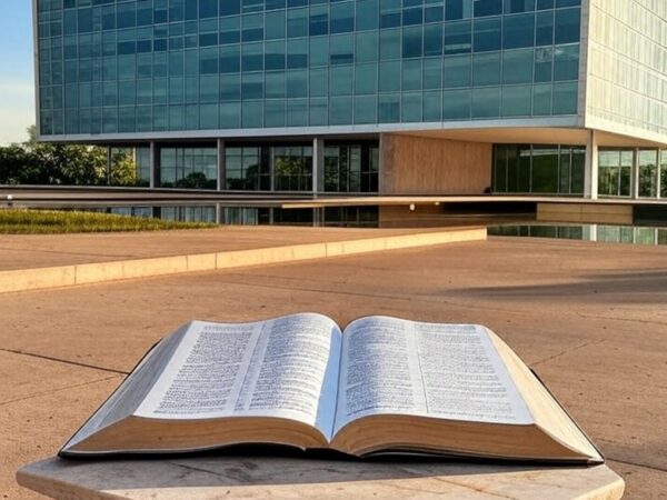 Fachada da Câmara Legislativa do DF em Brasília com Bíblia aberta, ilustrando polêmica sobre reconhecimento como patrimônio e violação da laicidade.