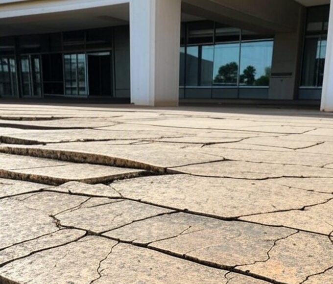 Calçada quebrada e inacessível em frente a prédio público em Brasília, expondo negligência em acessibilidade no DF.