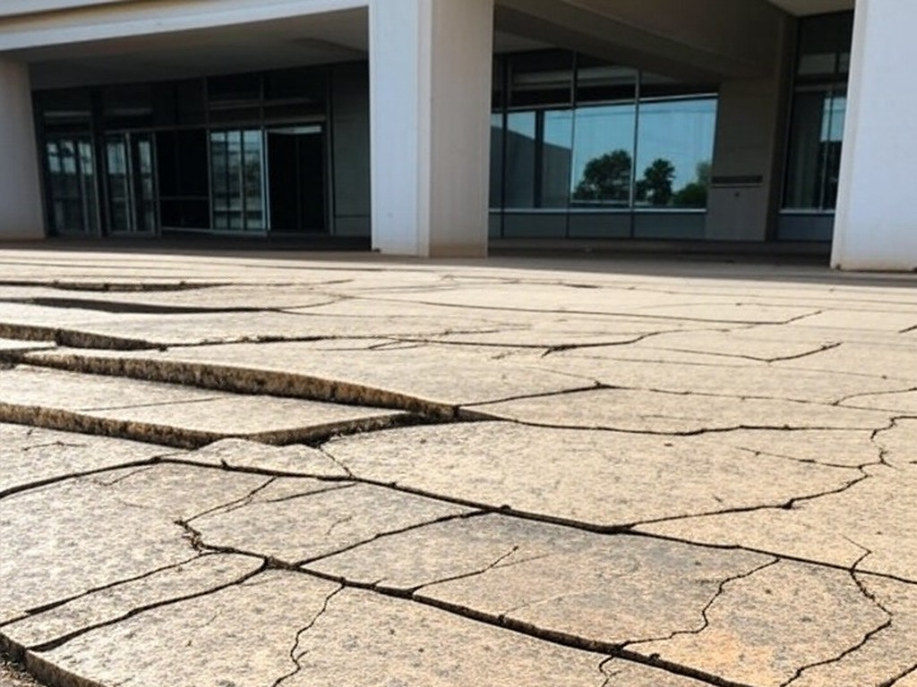 Calçada quebrada e inacessível em frente a prédio público em Brasília, expondo negligência em acessibilidade no DF.