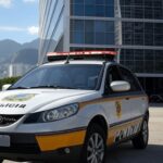 Viatura da Polícia Federal em frente à superintendência no Rio de Janeiro, representando determinação oficial sobre retorno a cargo.