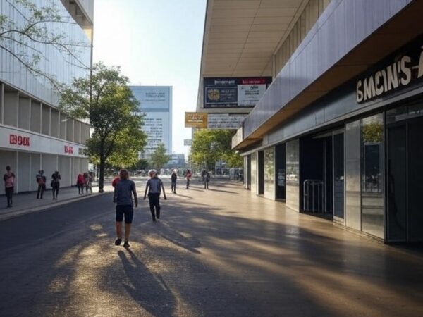 Rua em Brasília com agências lotéricas e outdoors de apostas, representando estudo sobre perfil de apostadores no Distrito Federal.