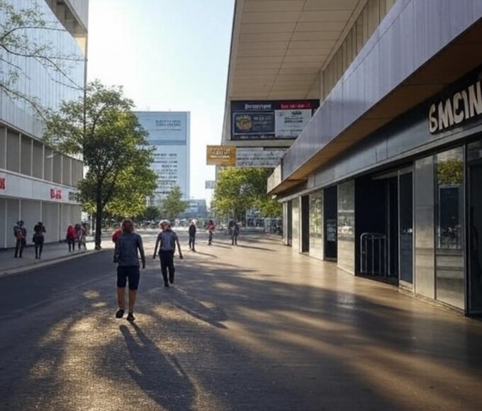 Rua em Brasília com agências lotéricas e outdoors de apostas, representando estudo sobre perfil de apostadores no Distrito Federal.