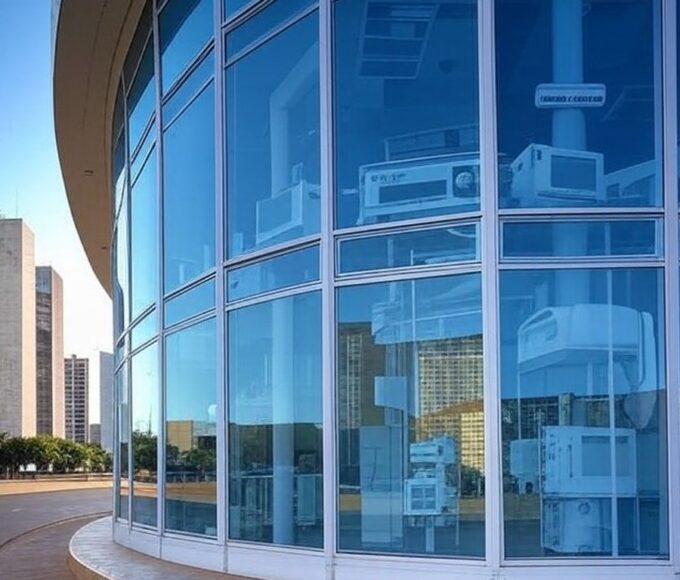 Sala de exame oftalmológico em hospital brasileiro com equipamentos para cirurgia de catarata.