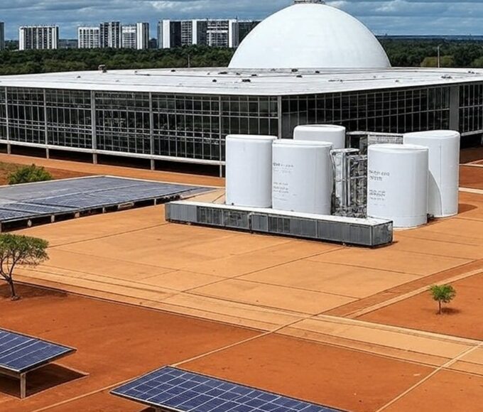 Vista da Câmara Legislativa do DF com elementos de energia de hidrogênio, destacando críticas a lei ineficaz.
