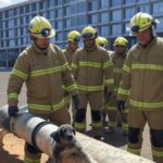 Cena de resgate de filhote de cachorro em tubulação de 10 metros por bombeiros no Distrito Federal, com equipamentos e ambiente urbano de Brasília.