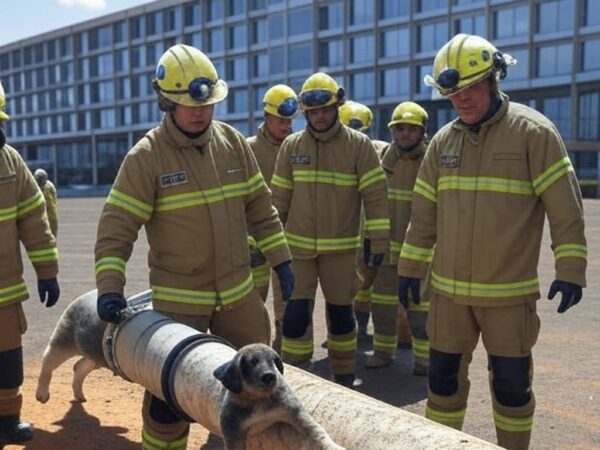 Cena de resgate de filhote de cachorro em tubulação de 10 metros por bombeiros no Distrito Federal, com equipamentos e ambiente urbano de Brasília.