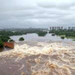 Reservatório do Descoberto transbordando no DF, com riscos de inundações em áreas populosas.