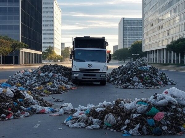 Remoção de entulhos em rua de Brasília pelo GDF, representando atendimento a pessoas em situação de rua no DF.