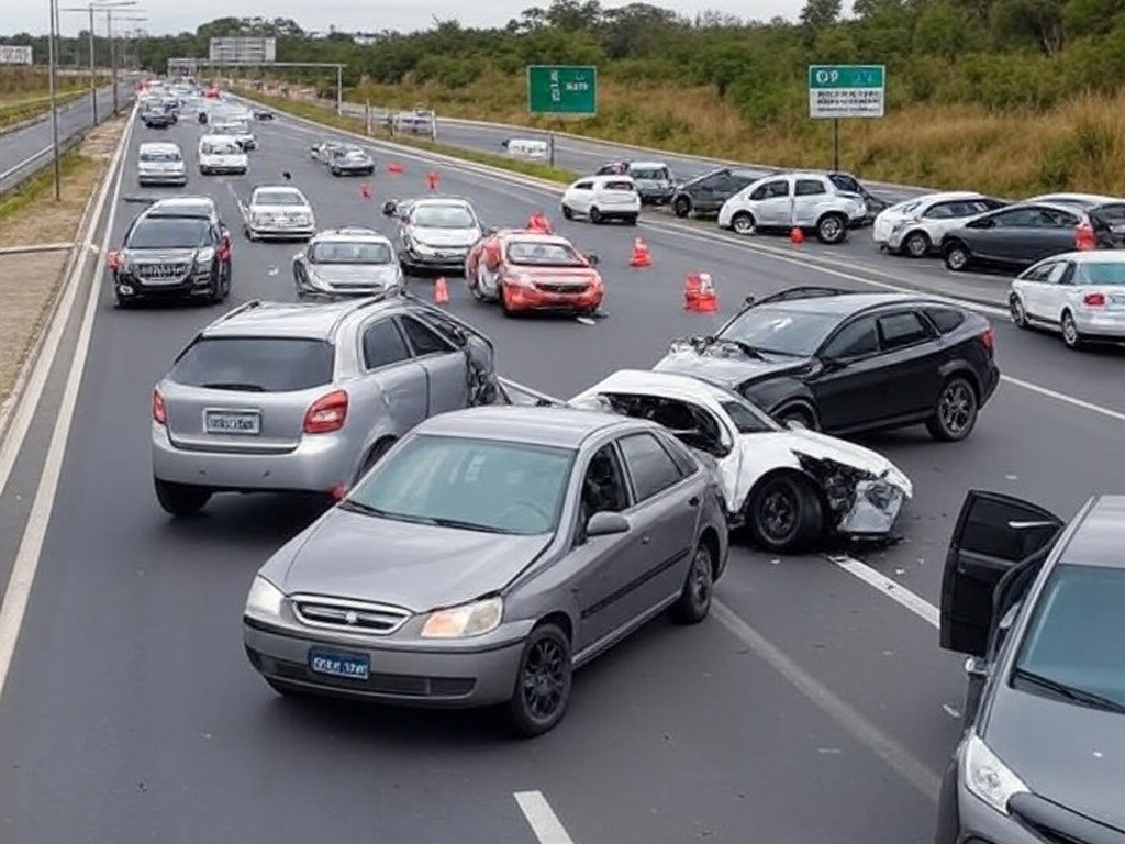 Engavetamento na EPNB em Riacho Fundo com carros colididos, viaturas da PMDF e faixas interditadas.