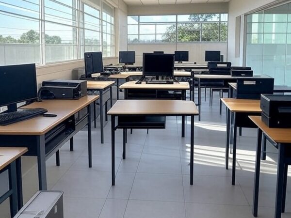 Sala de aula com computadores em incubadora digital em Planaltina, para cursos gratuitos de tecnologia.
