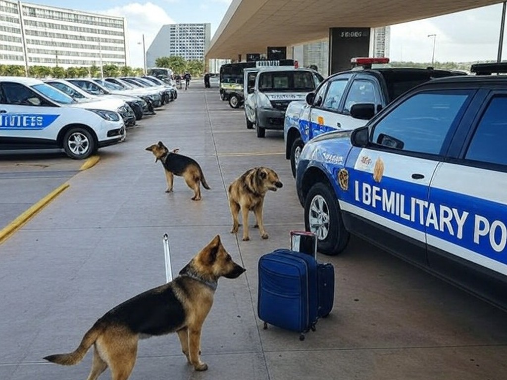 Viaturas da PMDF e cães farejadores na Rodoviária de Brasília em operação contra tráfico de drogas.