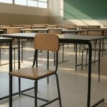 Pilha de livros escolares desorganizados em frente à Câmara Legislativa do DF, representando ameaça à estabilidade na educação.