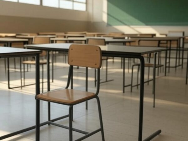 Pilha de livros escolares desorganizados em frente à Câmara Legislativa do DF, representando ameaça à estabilidade na educação.