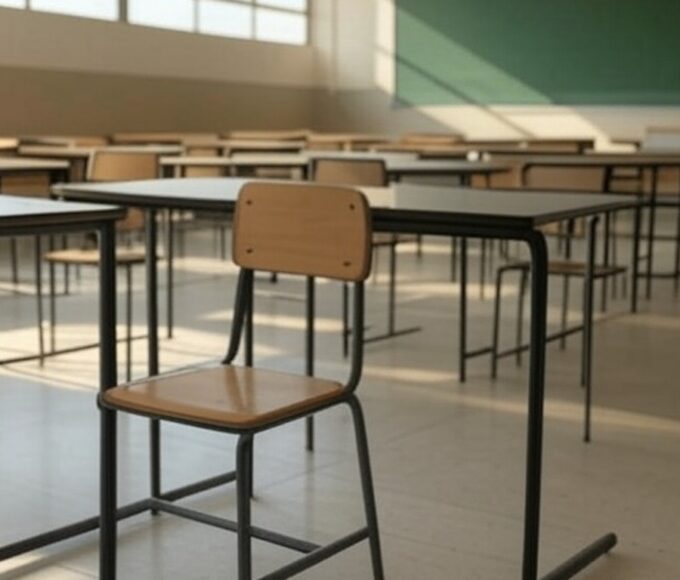 Pilha de livros escolares desorganizados em frente à Câmara Legislativa do DF, representando ameaça à estabilidade na educação.