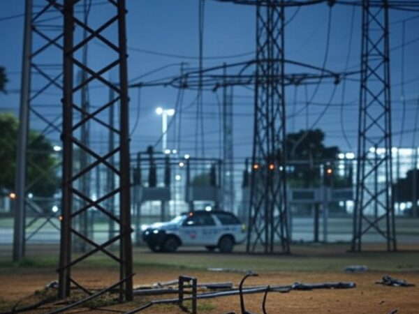 Subestação elétrica no DF com cabos e viatura policial, representando tentativa de furto e prisão em flagrante.