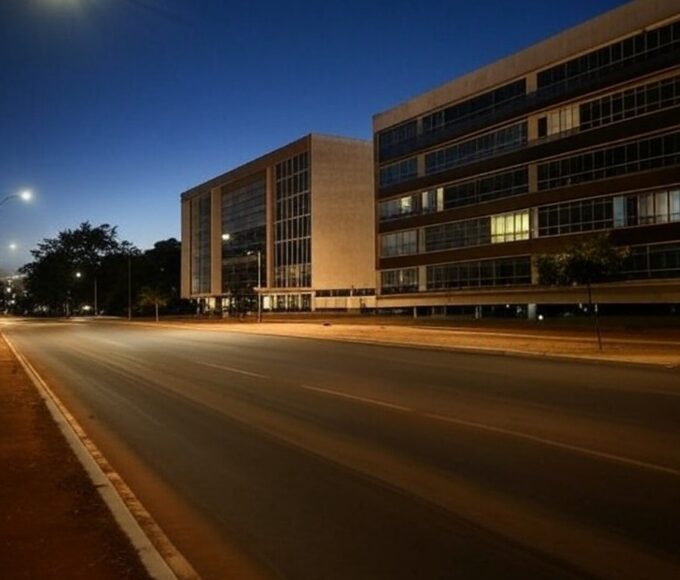 Rua escura no Plano Piloto, Brasília, durante interrupção programada de energia, com edifícios modernos ao fundo.
