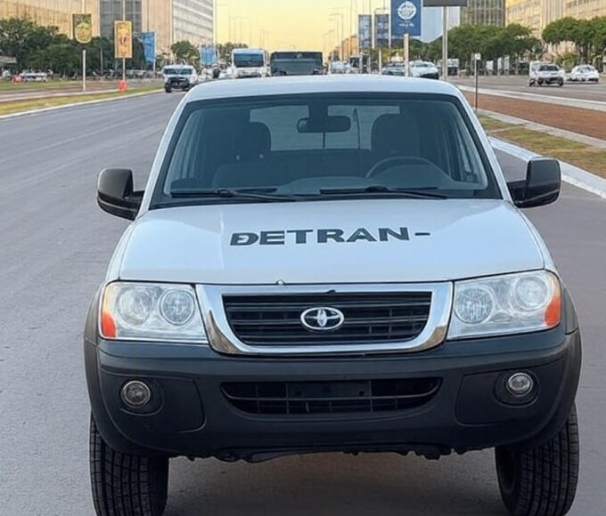 Viatura do Detran-DF em ação educativa de trânsito em avenida de Brasília, promovendo conscientização sobre segurança viária.
