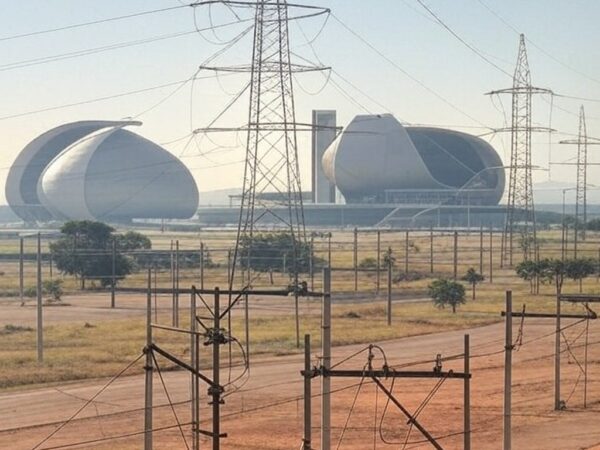 Rede elétrica em manutenção no Plano Piloto e Planaltina, DF, com postes e torres de transmissão.