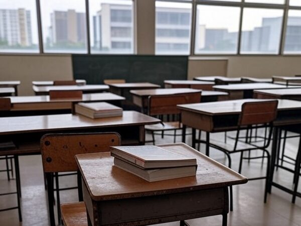Sala de aula vazia em escola de Brasília simbolizando falhas na lei contra abuso infantil e treinamento de professores.