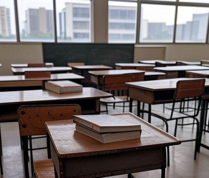 Sala de aula vazia em escola de Brasília simbolizando falhas na lei contra abuso infantil e treinamento de professores.
