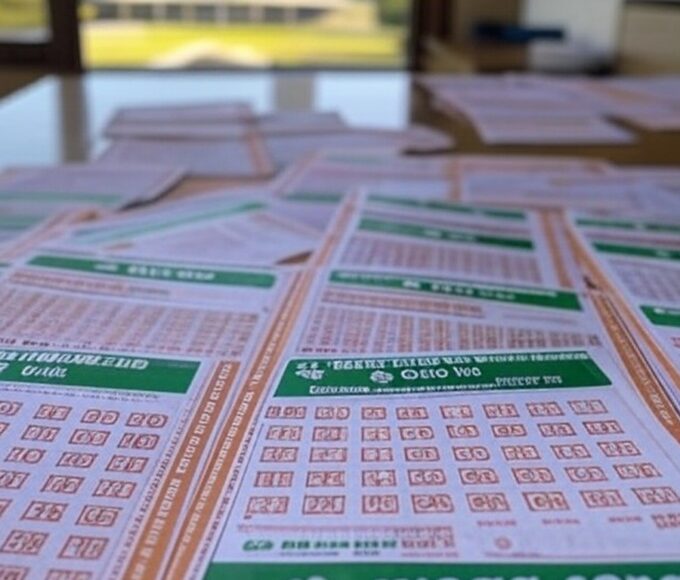 Bilhetes da Mega-Sena acumulada com quina premiada no DF, concurso 2959, em cena brasileira realista.