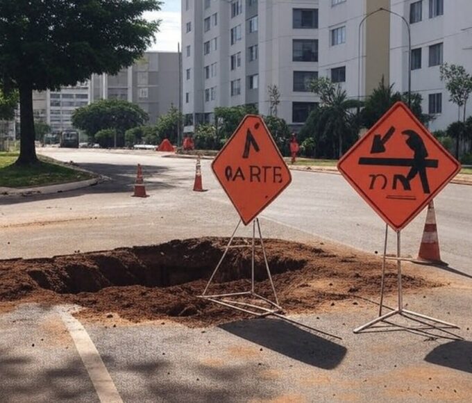 Vista da Asa Norte em Brasília com caminhão da Caesb e edifícios governamentais, representando suspensão de água afetando Senado e Presidência.