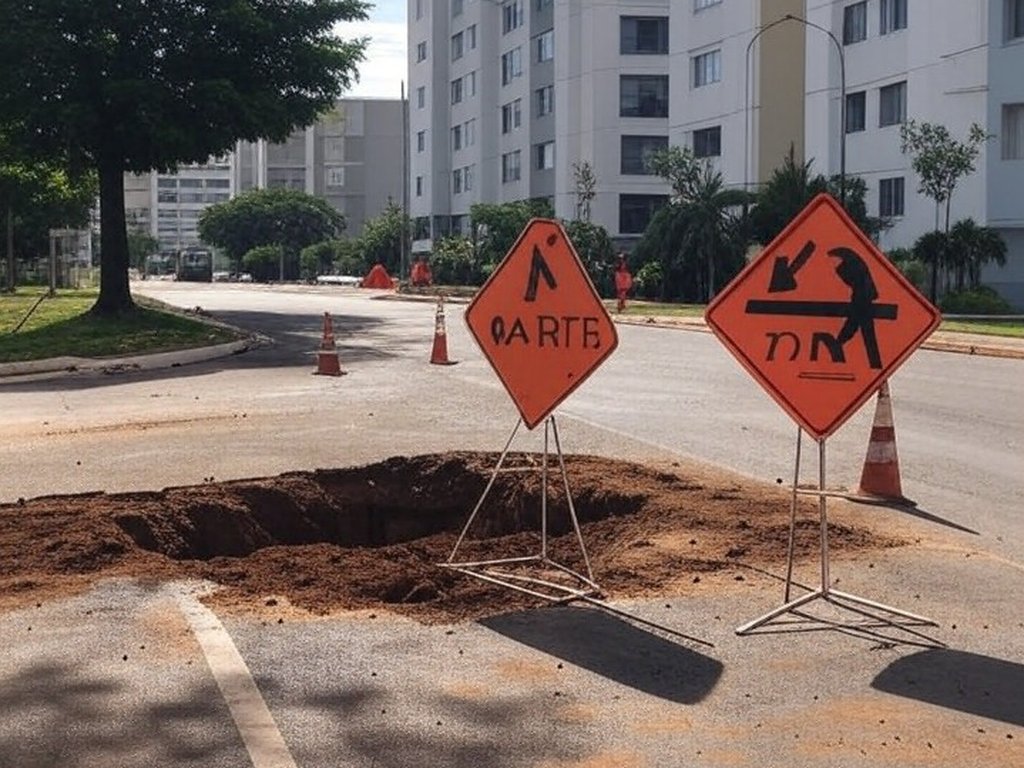 Vista da Asa Norte em Brasília com caminhão da Caesb e edifícios governamentais, representando suspensão de água afetando Senado e Presidência.