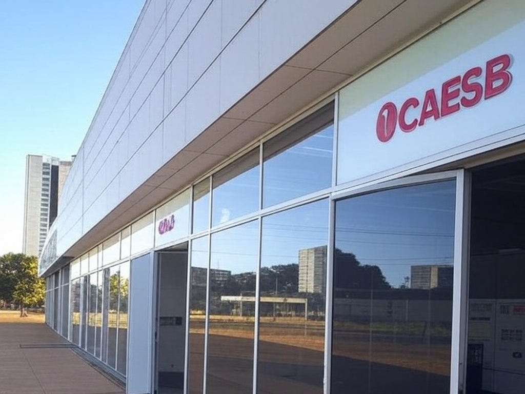 Fachada do prédio da Caesb em Brasília com placa de horários de atendimento ampliados no DF.