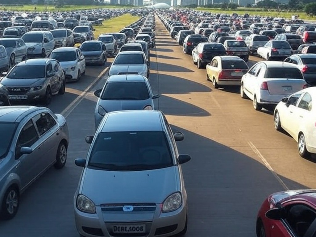 Trânsito congestionado em Brasília devido a shows musicais, com carros parados e arquitetura do Congresso Nacional ao fundo.