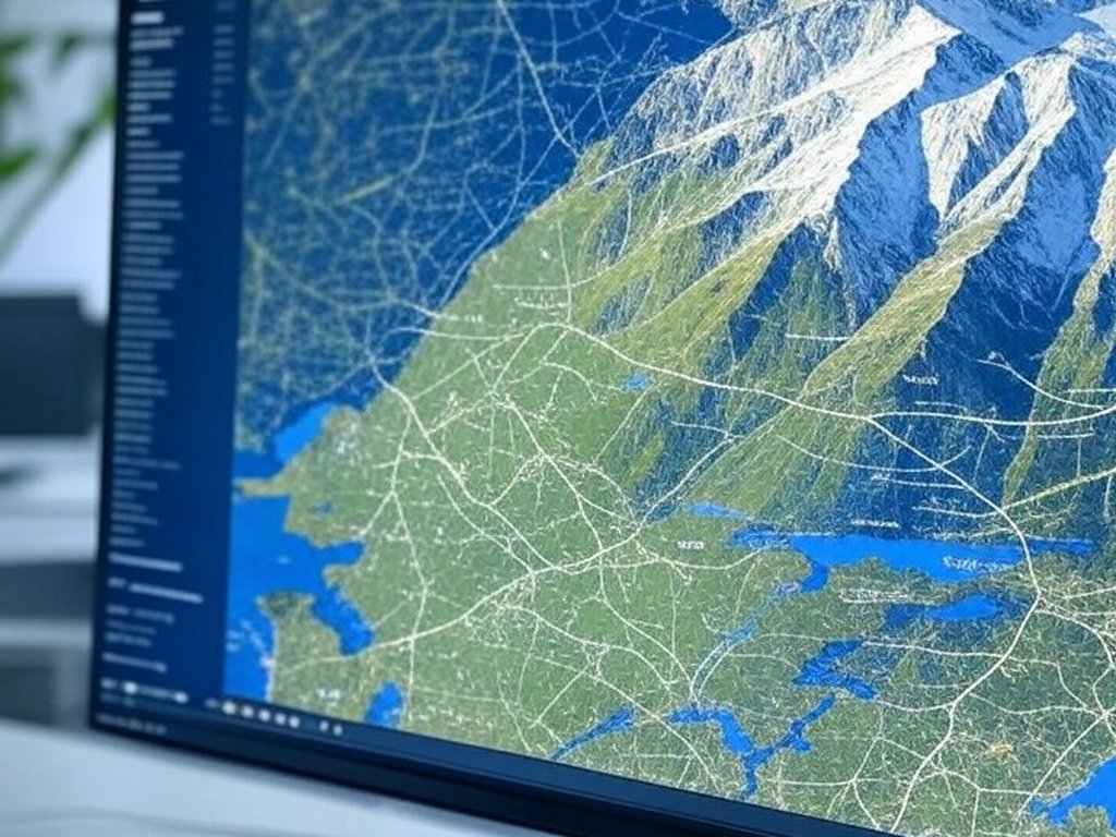 Tela de computador mostrando mapa de montanhas do Piemonte analisado por inteligência artificial.