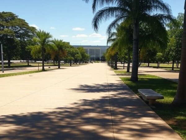 Rua em Brasília com edifícios governamentais, simbolizando cargos para pessoas em situação de rua e reservas de vagas em contratos.