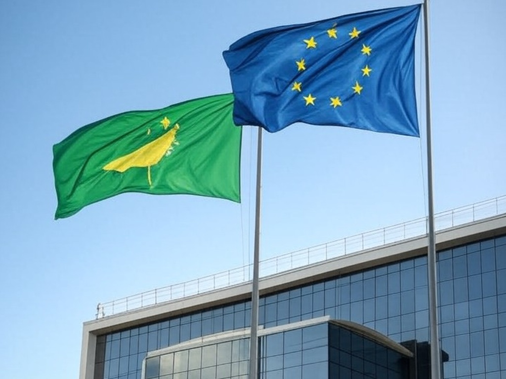 Bandeiras da UE e Mercosul em edifício no Brasil, representando acordo histórico de livre-comércio com PIB de US$ 22 trilhões.