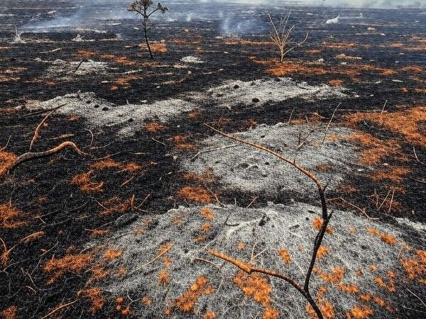 Paisagem de queimada no cerrado do Distrito Federal, com chamas, fumaça e vegetação destruída, destacando danos ambientais.