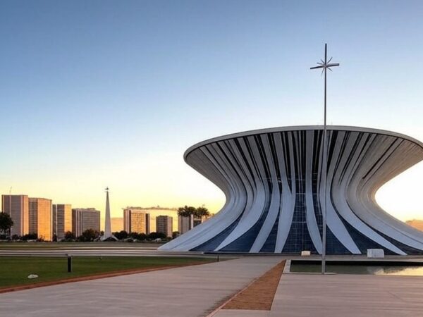 Imagem da Rota da Paz em Brasília, com arquitetura moderna e paisagem tranquila, turistas optando por paz no Carnaval.