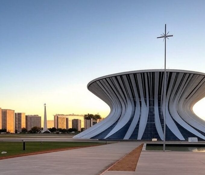 Imagem da Rota da Paz em Brasília, com arquitetura moderna e paisagem tranquila, turistas optando por paz no Carnaval.