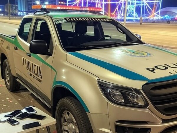 Viatura da Polícia Militar do DF na saída do Carnaval, com confetes e decorações festivas ao fundo.