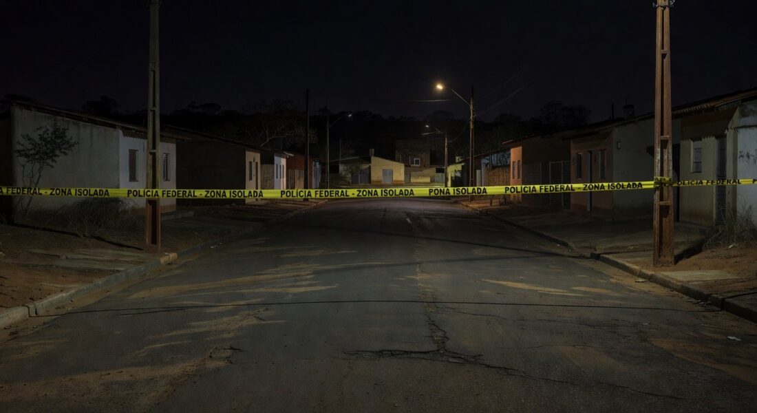 Rua em Sobradinho isolada por fita policial após briga fatal, com marcas no chão e casas ao fundo.